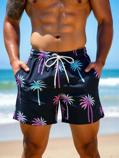 Manfinity Swimmode شورت كاجوال للرجال بجيوب مائلة وخصر بسحاب، مناسب للشاطئ
