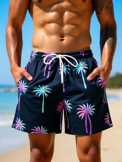 Manfinity Swimmode شورت كاجوال للرجال بجيوب مائلة وخصر بسحاب، مناسب للشاطئ