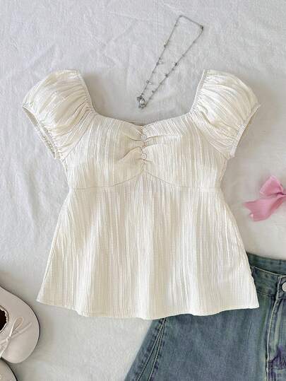 SHEIN تي شيرت بتصميم كشكش ذو لون أحادي للمراهقات