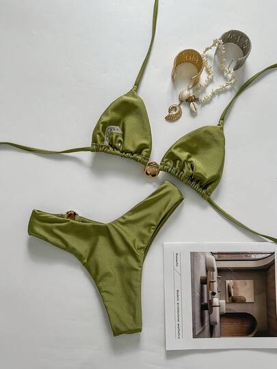 Swim Chiccia مجموعة بكيني مكونة من قطعتين، ملابس علوية بكيني دائري معدني ذو لون واحد وقطعة سفلية قصيرة الخصر، ملابس سباحة صيفية نسائية جذابة