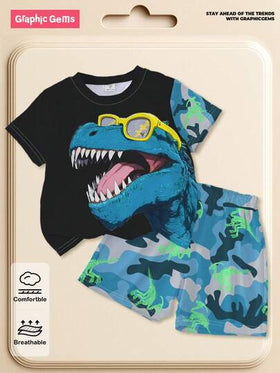 SHEIN Playful Pals طقم أزياء كاجوال عصري للأولاد، يتكون من نظارات شمسية بطبعة ديناصور تيرانوصور، وتي شيرت بياقة دائرية بأكمام قصيرة بطبعة ديناصور، وشورت كامو بطبعة ديناصور، مناسب للخروجات في الربيع والصيف