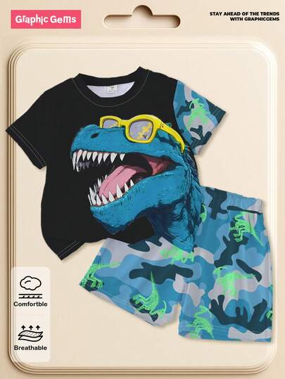 SHEIN Playful Pals طقم أزياء كاجوال عصري للأولاد، يتكون من نظارات شمسية بطبعة ديناصور تيرانوصور، وتي شيرت بياقة دائرية بأكمام قصيرة بطبعة ديناصور، وشورت كامو بطبعة ديناصور، مناسب للخروجات في الربيع والصيف