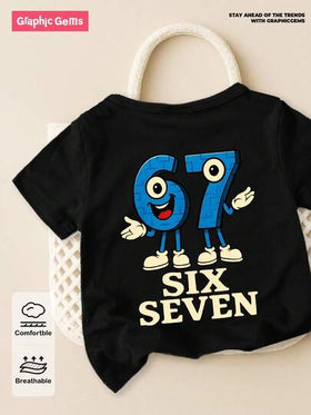 SHEIN GraphicGems تي شيرت قصير الأكمام بطبعة رقم "67" وحرف "SIX SEVEN" مضحك وأنيق، مناسب للارتداء في الخارج صيفًا