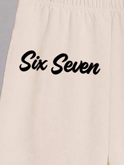 SHEIN Coolqubz مجموعة قميص وشورت كاجوال للأولاد بتصميم عصري وشخصي، بطباعة أرقام 67 وخطوط باللونين الأسود والبيج، قطعتان مريحة للارتداء اليومي مناسبة للربيع والصيف والخريف
