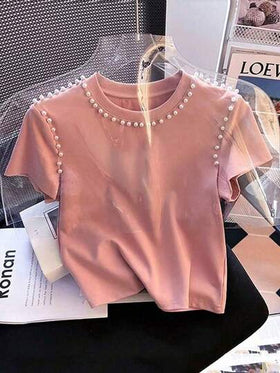 SHEIN بلوزة قصيرة الأكمام بياقة مستديرة مصنوعة من الأقمشة المحبوكة للمراهقات، باللون الوردي مع حبيبات بيضاء أنيقة وعملية، مناسبة للربيع والصيف