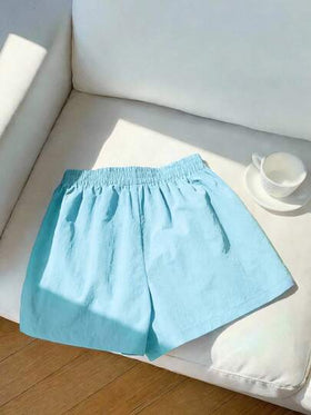 Comfortcana شورت كاجوال فضفاض بخصر مطاطي مخطط للنساء، لون أزرق فاتح مع شريط أصفر جانبي، قصير وفضفاض مناسب للرياضة والاستخدام اليومي في الشارع، بنطلون كارجو