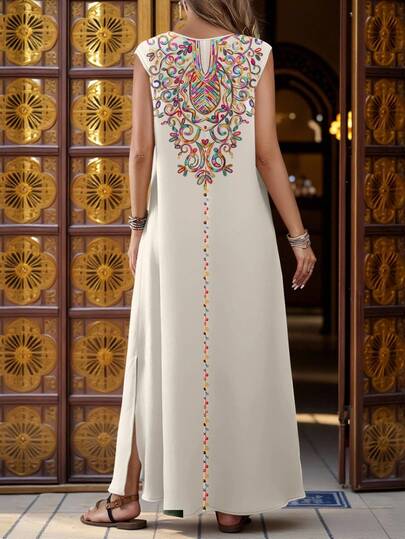 EMERY ROSE فستان كاجوال للنساء بطبعات أنيقة وياقة على شكل حرف V بدون أكمام