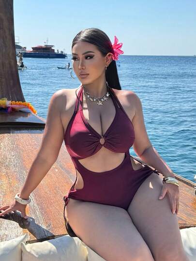 Swim SXY بدلة سباحة قطعة واحدة بحمالات رفيعة وظهر مكشوف، لون أحمر ، للعطلات الشاطئية