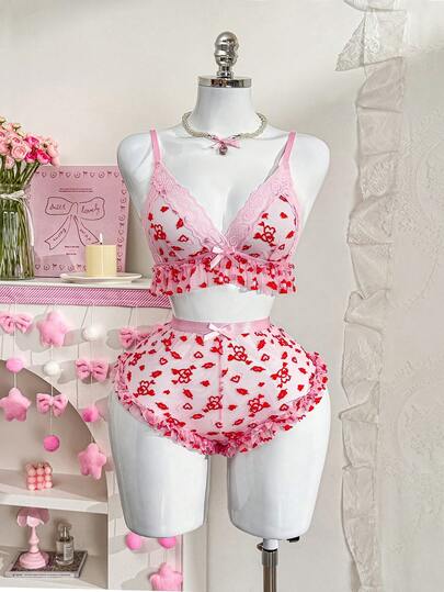 PetitDoll مجموعة سلكية من حمالة الصدر بشكل قلب مطرزة بالدانتيل، حلوة وجذابة