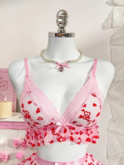 PetitDoll مجموعة سلكية من حمالة الصدر بشكل قلب مطرزة بالدانتيل، حلوة وجذابة