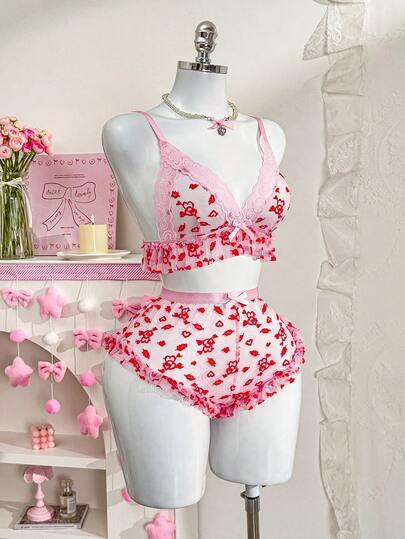 PetitDoll مجموعة سلكية من حمالة الصدر بشكل قلب مطرزة بالدانتيل، حلوة وجذابة