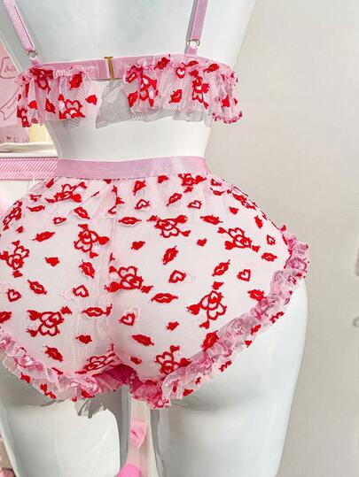 PetitDoll مجموعة سلكية من حمالة الصدر بشكل قلب مطرزة بالدانتيل، حلوة وجذابة