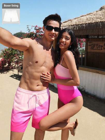 Manfinity Swimmode شورت كاجوال للرجال بخصر مربوط بسحاب وتصميم ألوان متباينة