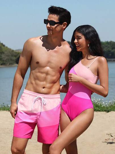 Manfinity Swimmode شورت كاجوال للرجال بخصر مربوط بسحاب وتصميم ألوان متباينة