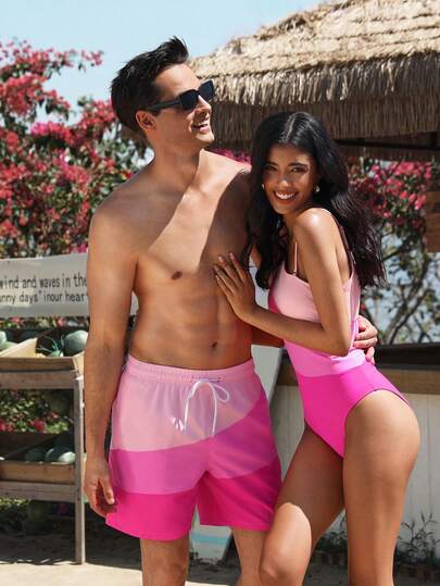 Manfinity Swimmode شورت كاجوال للرجال بخصر مربوط بسحاب وتصميم ألوان متباينة