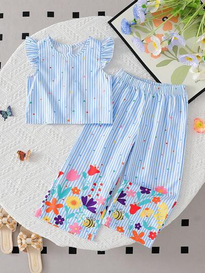 Elladie kids طقم تي شيرت أكمام قصيرة بنسيج مزخرف وتصميم أزرار في الخلف وبنطلون طويل كاجوال للبنات (صغير)