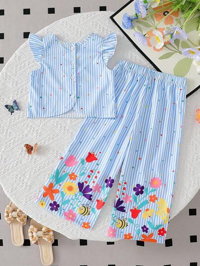 Elladie kids طقم تي شيرت أكمام قصيرة بنسيج مزخرف وتصميم أزرار في الخلف وبنطلون طويل كاجوال للبنات (صغير)