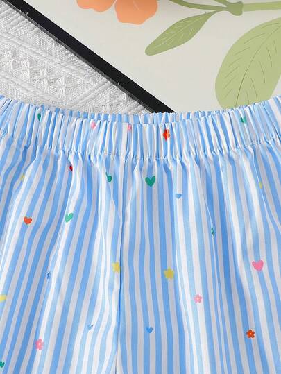 Elladie kids طقم تي شيرت أكمام قصيرة بنسيج مزخرف وتصميم أزرار في الخلف وبنطلون طويل كاجوال للبنات (صغير)