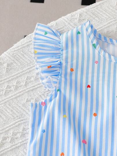 Elladie kids طقم تي شيرت أكمام قصيرة بنسيج مزخرف وتصميم أزرار في الخلف وبنطلون طويل كاجوال للبنات (صغير)