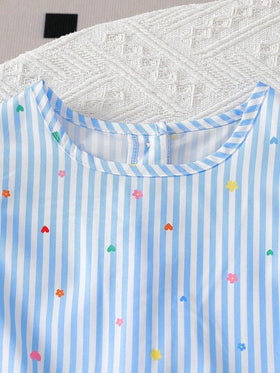 Elladie kids طقم تي شيرت أكمام قصيرة بنسيج مزخرف وتصميم أزرار في الخلف وبنطلون طويل كاجوال للبنات (صغير)