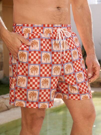 Manfinity Swimmode شورت كاجوال للشاطئ للرجال بخصر رباط مطبوع بأشجار النخيل