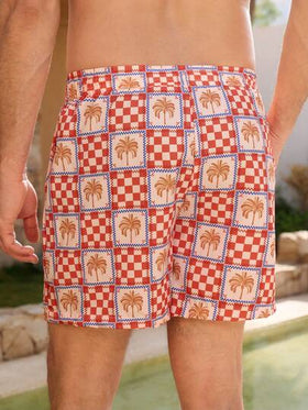 Manfinity Swimmode شورت كاجوال للشاطئ للرجال بخصر رباط مطبوع بأشجار النخيل