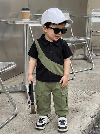 SHEIN Playful Pals مجموعة ملابس لطفل صبي 2 قطعة، بلوزة بولو قصيرة الأكمام ذات لونين وبنطال كارجو أخضر ذو خصر مطاطي، مناسب للخروج والرحلات والاستخدام اليومي، مقاس من 6 أشهر إلى 3-2 سنوات، بنطال كارجو للأولاد وبلوزة بولو سوداء