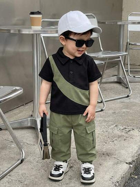 SHEIN Playful Pals مجموعة ملابس لطفل صبي 2 قطعة، بلوزة بولو قصيرة الأكمام ذات لونين وبنطال كارجو أخضر ذو خصر مطاطي، مناسب للخروج والرحلات والاستخدام اليومي، مقاس من 6 أشهر إلى 3-2 سنوات، بنطال كارجو للأولاد وبلوزة بولو سوداء