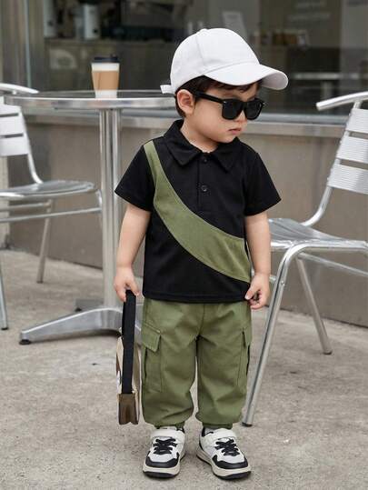 SHEIN Playful Pals مجموعة ملابس لطفل صبي 2 قطعة، بلوزة بولو قصيرة الأكمام ذات لونين وبنطال كارجو أخضر ذو خصر مطاطي، مناسب للخروج والرحلات والاستخدام اليومي، مقاس من 6 أشهر إلى 3-2 سنوات، بنطال كارجو للأولاد وبلوزة بولو سوداء