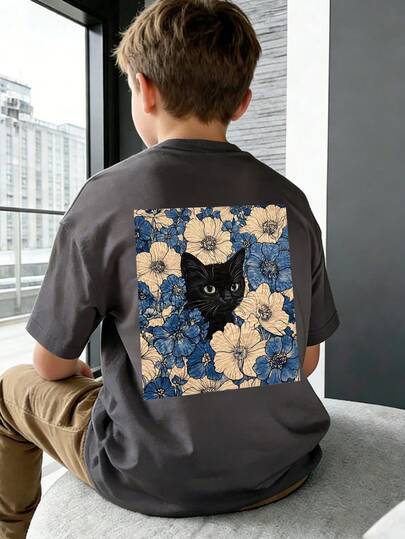 قميص بولو بأكمام قصيرة مطبوع عليه رسم قطة للأولاد المراهقين، ملابس علوية صيفية للأطفال، ملابس طالب شاب
