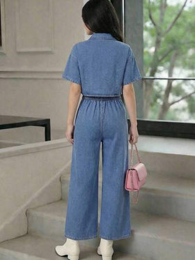 SHEIN جمبسوت جينز قصيرة الأكمام بلون أحادي وأزرار للمراهقات، أنيقة وأنيقة وباردة، جمبسوت كاجوال قطعتين للمراهقات، جمبسوت كاجوال بأزرار وظهر مكشوف مع طباعة شريطية للنساء، بذلات كاجوال للنساء، ملابس عطلة للنساء، ملابس عطلة صيفية، ملابس ربيعية للفتيات، ملابس