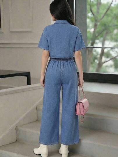 SHEIN جمبسوت جينز قصيرة الأكمام بلون أحادي وأزرار للمراهقات، أنيقة وأنيقة وباردة، جمبسوت كاجوال قطعتين للمراهقات، جمبسوت كاجوال بأزرار وظهر مكشوف مع طباعة شريطية للنساء، بذلات كاجوال للنساء، ملابس عطلة للنساء، ملابس عطلة صيفية، ملابس ربيعية للفتيات، ملابس