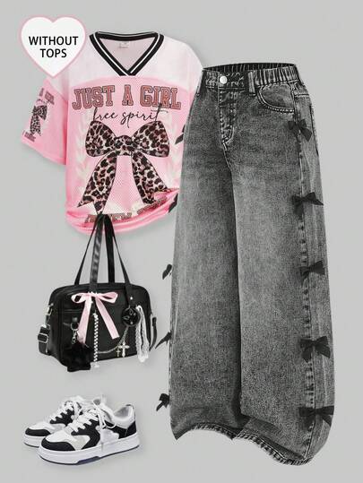 SHEIN بنطلون جينز أزرق فاتح مريح ناعم ذو خصر غير متماثل مهترئ، ملابس كاجوال للمراهقات Y2K، ملابس متعددة الاستخدامات للارتداء اليومي، وصول جديد ربيع/صيف 2025 مع فيونكات، بنطلون جينز رمادي فضفاض مع فيونكات على الملابس