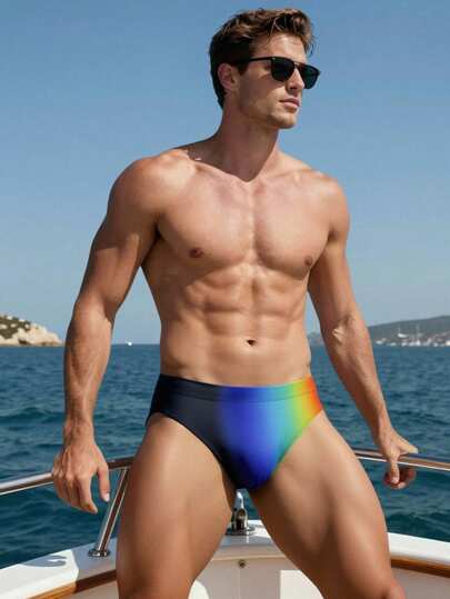 Manfinity Swimmode ملابس السباحة الرجالية المثلثة ذات اللون الأحادي للاستخدام اليومي البسيط، ملابس السباحة الفخرية للرجال، ملابس السباحة الرجالية ذات ألوان قوس ، سراويل السباحة الرجالية