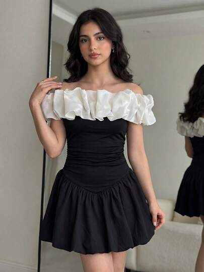 SHEIN فستان كوكتيل أنيق للأميرات من الأكتاف للبنات المراهقات، بتصميم متباين الألوان أسود وأبيض من الأكتاف