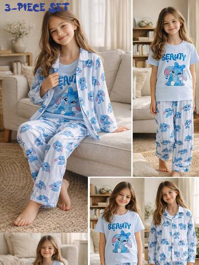 3 قطع طقم ملابس منزلية كاجوال للفتيات، يتميز بطباعة أرنب كرتوني لطيف على ملابس علوية أزرق وأبيض مخطط بأكمام طويلة، وبلوزة قصيرة الأكمام بياقة مستديرة باللون الأزرق، وبنطال مطاطي، قماش ناعم ومريح، مناسب للفتيات في الربيع والصيف والخريف والشتاء
