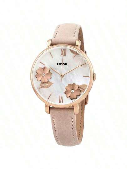Fossil ساعة نسائية ذات إطار وردي ذهبي ثلاثي الأبعاد بعقارب ذات أرقام رومانية أنيقة وقرص من الأم اللؤلؤ، مع سوار جلد وردي أصلي. هدية رائعة للمرأة.