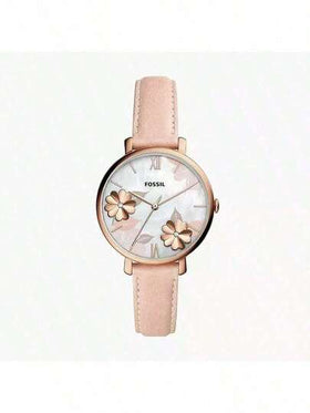 Fossil ساعة نسائية ذات إطار وردي ذهبي ثلاثي الأبعاد بعقارب ذات أرقام رومانية أنيقة وقرص من الأم اللؤلؤ، مع سوار جلد وردي أصلي. هدية رائعة للمرأة.