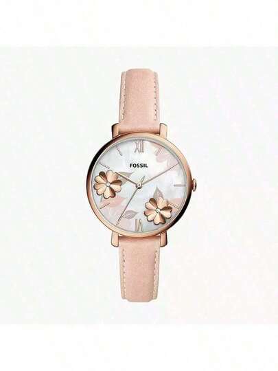 Fossil ساعة نسائية ذات إطار وردي ذهبي ثلاثي الأبعاد بعقارب ذات أرقام رومانية أنيقة وقرص من الأم اللؤلؤ، مع سوار جلد وردي أصلي. هدية رائعة للمرأة.