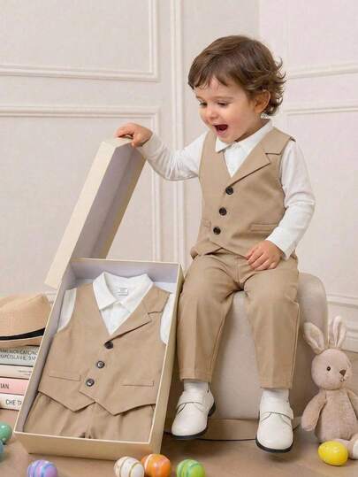 SHEIN 3 قطع بدلة أنيقة للأطفال الصبيان/البنات تتكون من قميص أبيض بأكمام طويلة، تي شيرت، سترة ذات طية غير متماثلة وبنطلون، إطلالة أنيقة للربيع/الصيف، مناسبة لحفلات عيد الميلاد، المعمودية، احتفال عيد الميلاد الأول، المناسبات الرسمية، حضور الحفلات، صبي الحلق