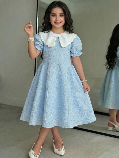 Serisse Kids فستان أنيق بأكمام قصيرة وياقة ملونة للفتيات المراهقات