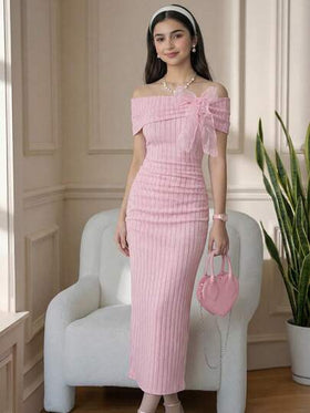 SHEIN فستان بياقة مكشوفة الكتف مطوي بفيونكة للمراهقات
