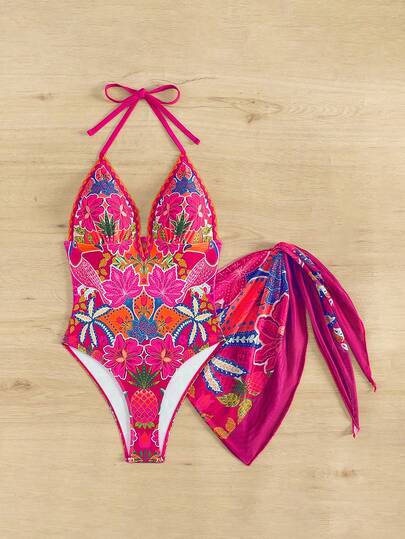 Swim Vcay مجموعة من 2 قطعة، بدلة سباحة بقصة كشكش على الرقبة V العميق، وظهر مكشوف وبطبعات زهور حصرية موديل 2025، مع تنورة ملفوفة طبعات حصرية لإطلالة شاطئية صيفية، للنساء