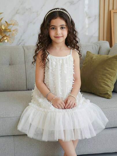 Glamorique Kids فستان قصير أنيق للبنات بطبعات فراشات مطرزة ثلاثية الأبعاد بحمالات رفيعة وتنورة مكشكشة، فستان كاجوال عصري مناسب للحفلات والعطلات والأعياد وأيام الربيع والصيف