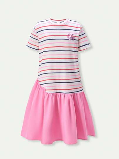 SHEIN Casuvi Kids فستان بنات مراهقات كاجوال مخطط مطرز بحرف CA غير متماثل اللحمات خط A، عصري للتجمعات، تصميم بسيط