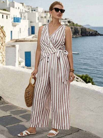 Linhara CURVE جمبسوت نسائية بدون أكمام ذات لون واحد مريحة للارتداء اليومي، صيفية