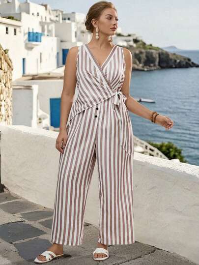 Linhara CURVE جمبسوت نسائية بدون أكمام ذات لون واحد مريحة للارتداء اليومي، صيفية