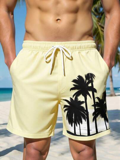 Manfinity Swimmode شورت شاطئ للرجال بخصر رباط وجيوب بطبعة أشجار النخيل