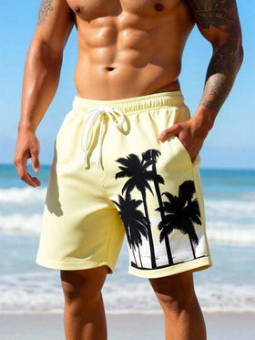 Manfinity Swimmode شورت شاطئ للرجال بخصر رباط وجيوب بطبعة أشجار النخيل