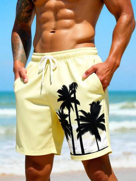 Manfinity Swimmode شورت شاطئ للرجال بخصر رباط وجيوب بطبعة أشجار النخيل